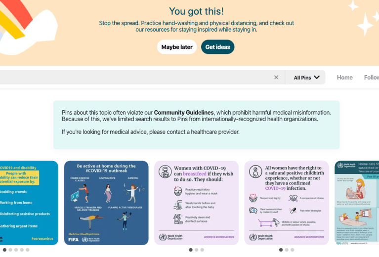 Pinterest coronavirus search results