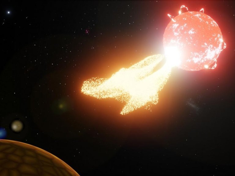 Artist's impression of flare from our neighboring star Proxima Centauri ejecting material onto a nearby planet.
