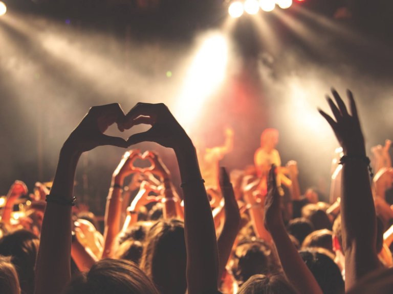 Person-doing-heart-hand-gesture-at-concert