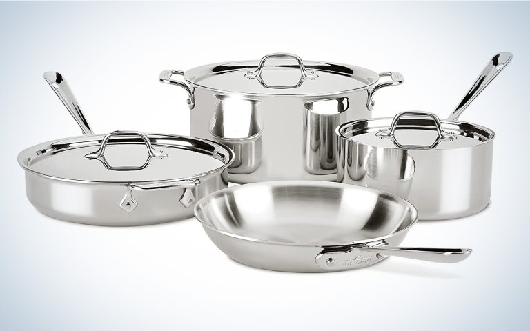  All-clad induction cookware on a plain background