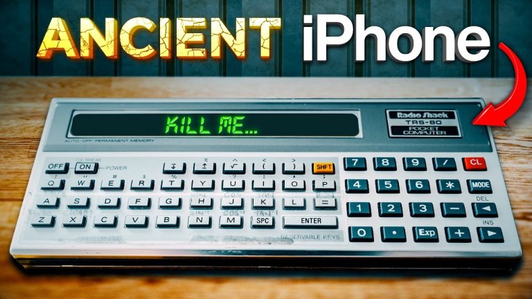 text says 'ancient iphone' over a calculator-type gadget