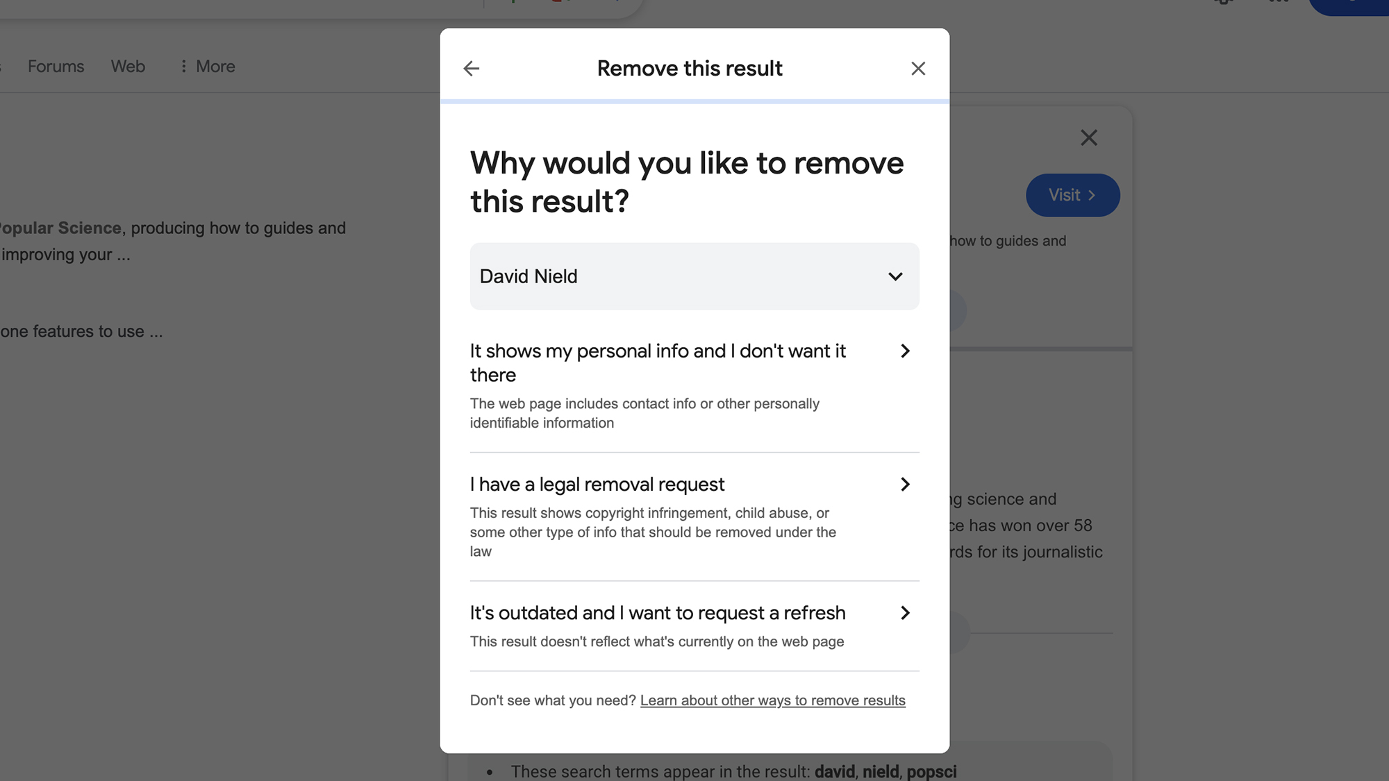 "remove this result" page