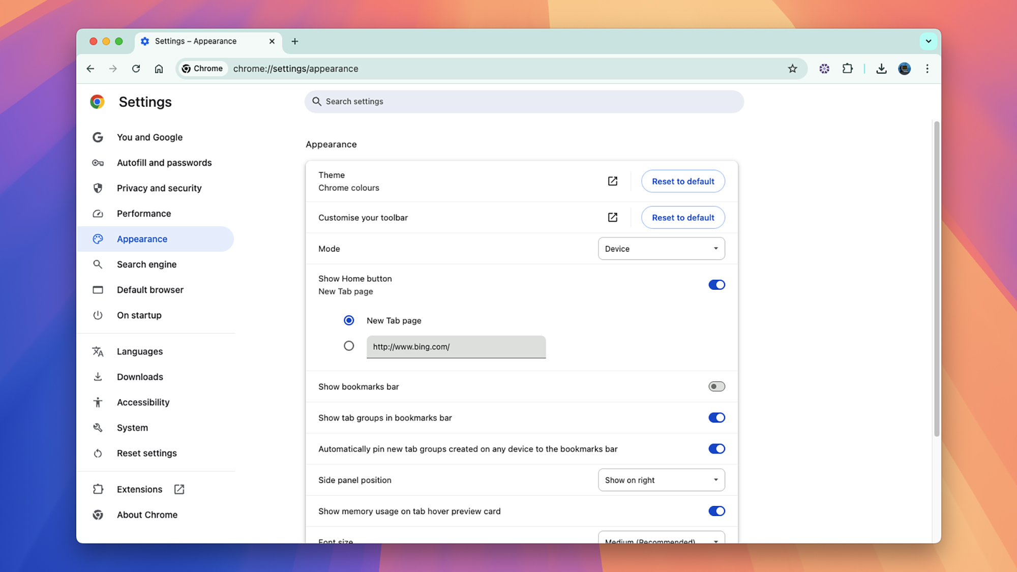 google chrome settings