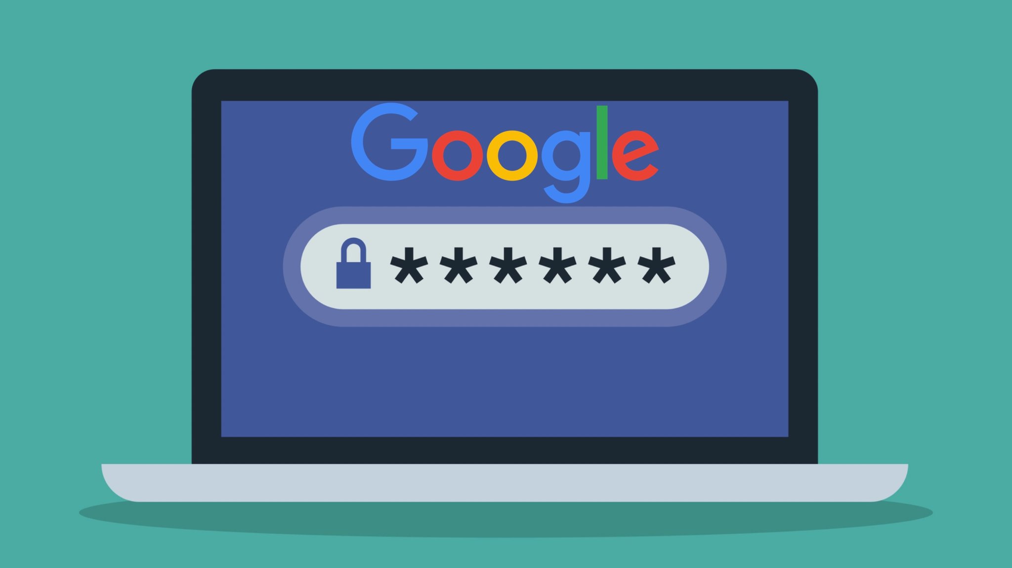 an illustration of a laptop with "google" and an anonymous password