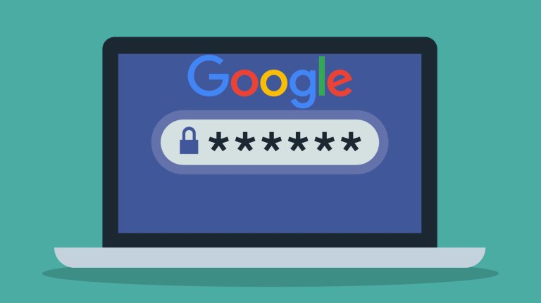 an illustration of a laptop with "google" and an anonymous password