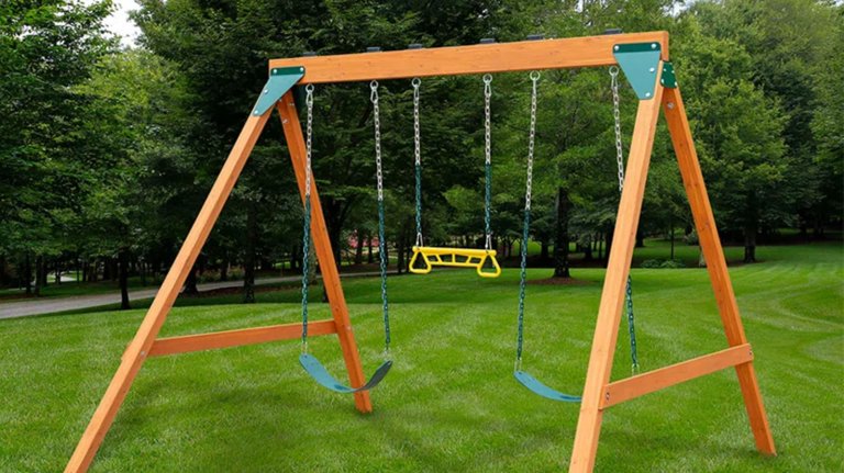 The Gorilla Playsets Basic swing set with no children swinging on it.